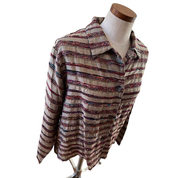 Chicos Textured Stripe Silk Button Front Jacket Silver Stripe - Picture 4 of 7